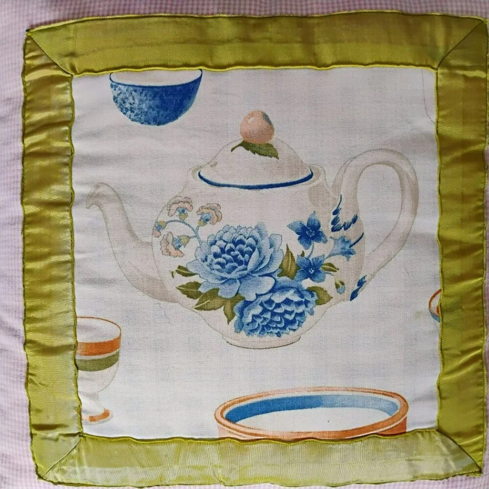 Vintage Handmade Chinoiserie Throw Pillow With Ruffle, Teapot Design, Blue Green